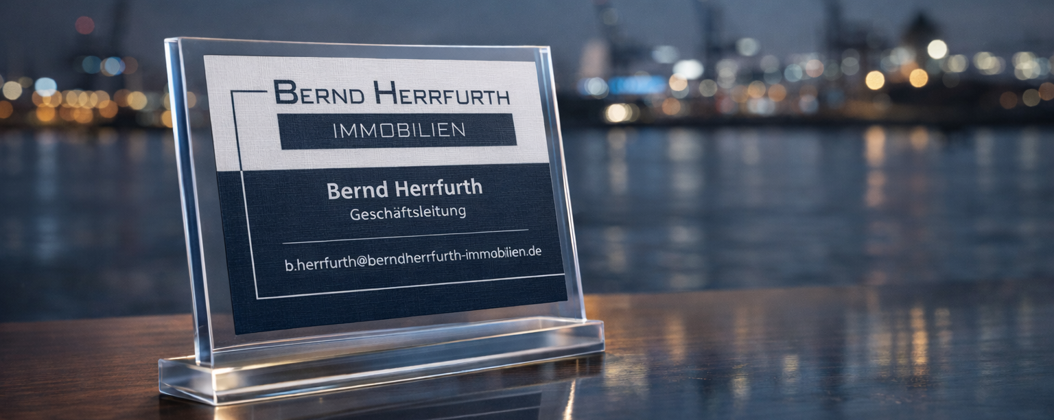 Bild mit Visitenkarte im Vordergrund und Hafen Hamburg im Hintergrund
